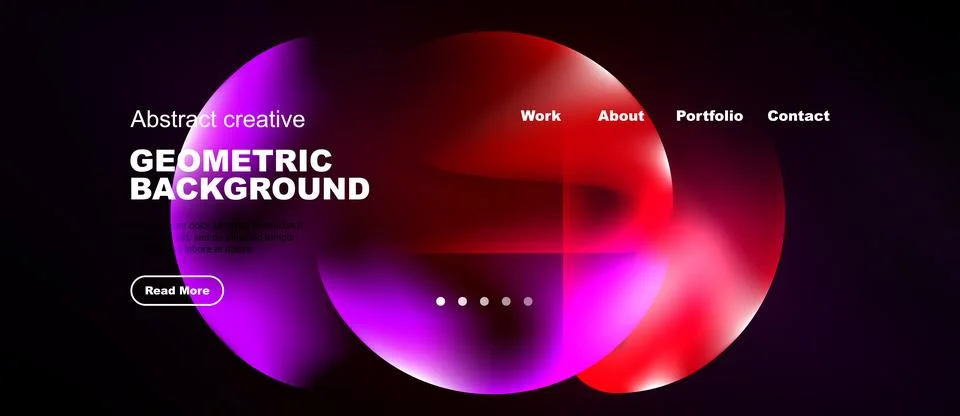 Dark website mockup features vibrant geometric shapes, text elements, navig.. Stock Illustration