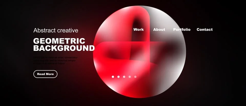 Dark website mockup features vibrant red sphere, geometric shapes, navigation Illustrazione stock