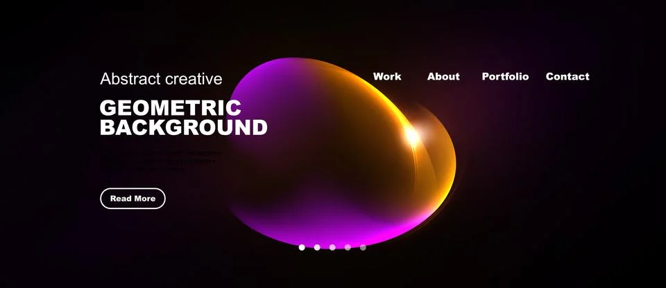 Dark website mockup features vibrant abstract shapes, text elements, navigati Stock Illustration
