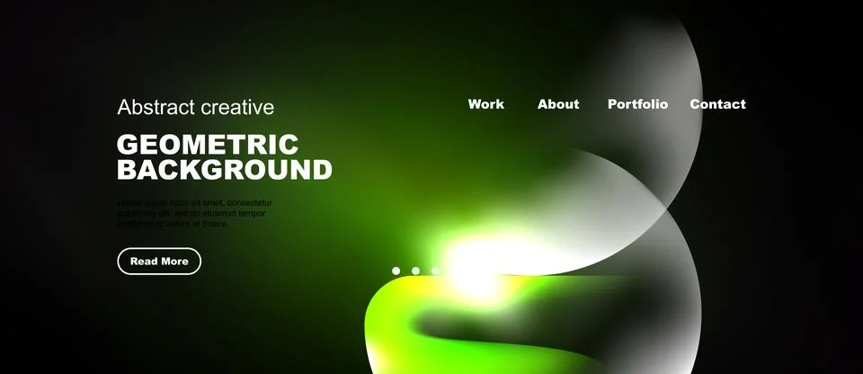 Dark website mockup features vibrant green, yellow shapes. Navigation include Ilustração Stock