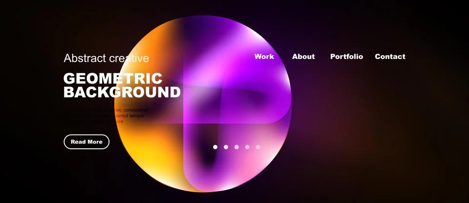 Dark website mockup features vibrant geometric shapes, text overlays, navig.. Stock Illustration