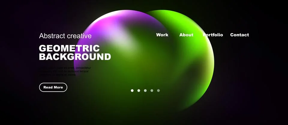 Dark website mockup features vibrant abstract shapes, text elements, navigati Stock Illustration