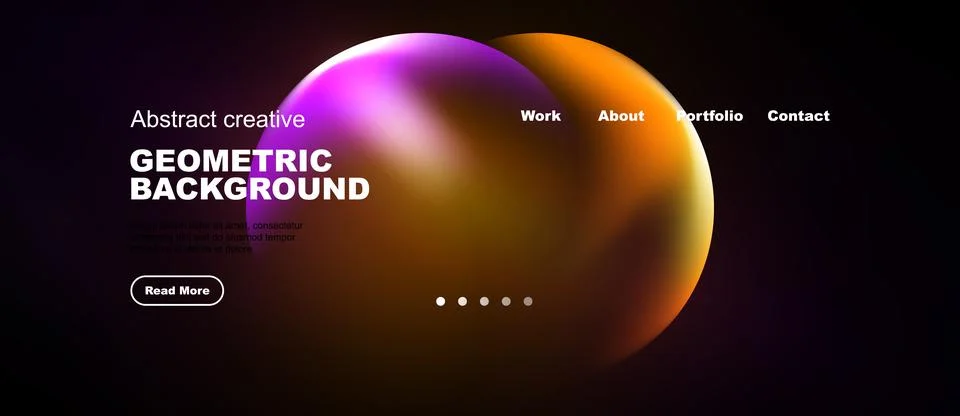 Dark website mockup features vibrant abstract shapes, text elements, navigati Stock Illustration