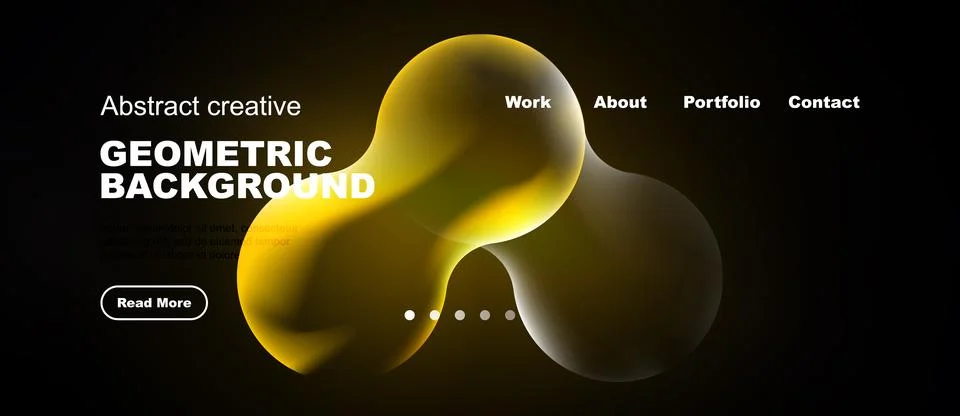Dark website mockup features vibrant yellow abstract shapes. Navigation inc.. Stock Illustration