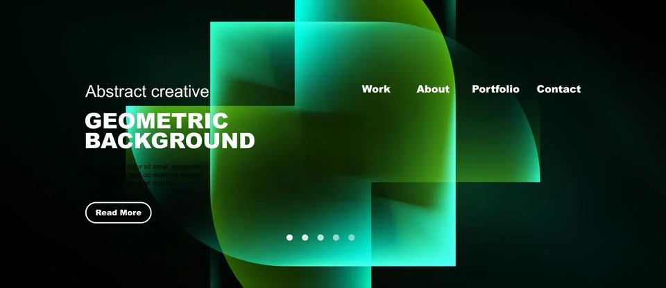 Dark website mockup features vibrant green geometric shapes, text, navigation Stock Illustration