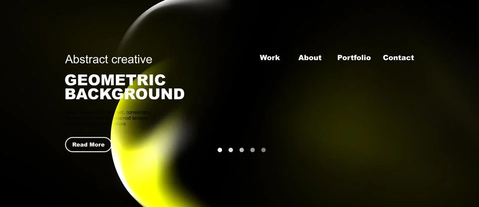 Dark website mockup features vibrant yellow geometric shapes. Navigation Stock Illustration