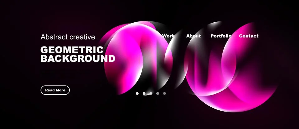 Dark website mockup features vibrant pink, blue geometric shapes. Navigation Stock-Illustration