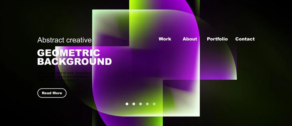 Dark website mockup features vibrant geometric shapes, text overlay, navigati Stock Illustration