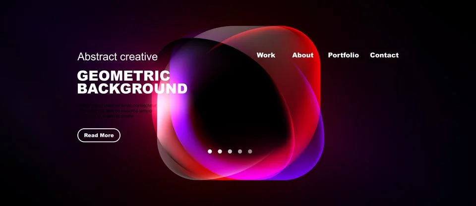 Dark website mockup features vibrant abstract shapes, text elements, navigati Stockillustratie