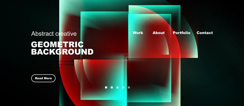 Dark website mockup features vibrant geometric shapes, text overlays, navig.. Stock Illustration