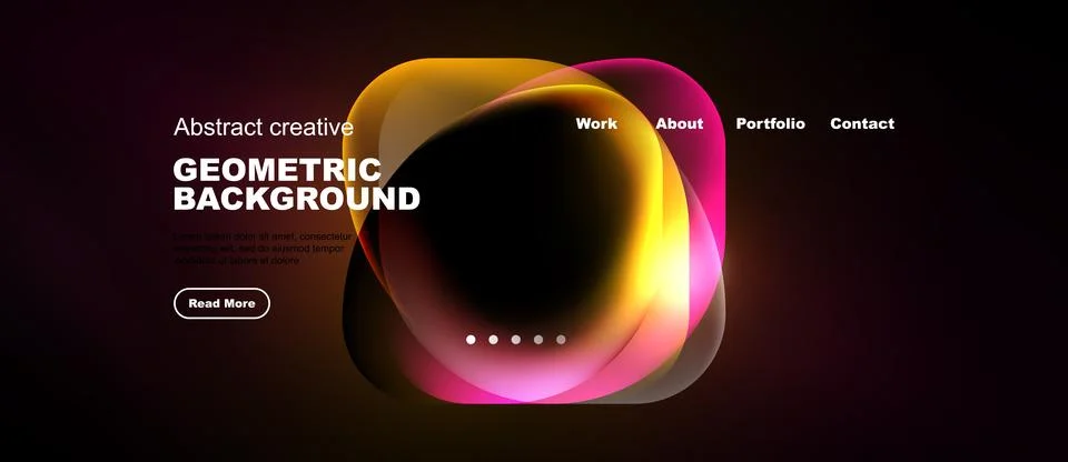 Dark website mockup features vibrant abstract shapes, text overlays, navigati Illustrazione stock