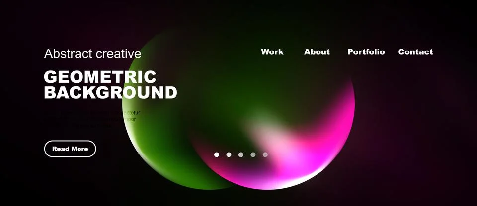 Dark website mockup features vibrant abstract shapes, text elements, navigati Stockillustratie