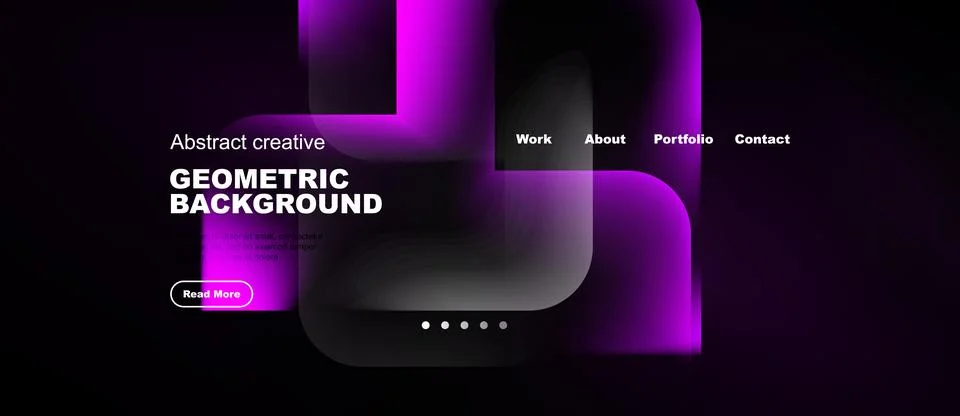 Dark website mockup features vibrant purple geometric shapes. Text highlights Stock Illustration