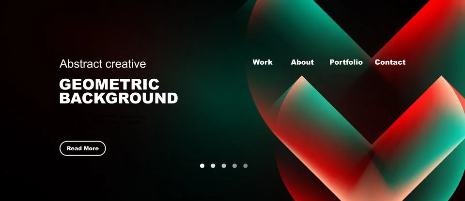 Dark website mockup features vibrant geometric shapes, text elements, navig.. Stock Illustration