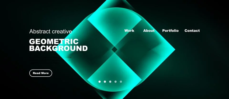 Dark website mockup features vibrant teal geometric shapes, text elements, Stock Illustration