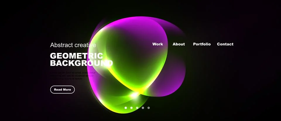 Dark website mockup features vibrant abstract shapes, text elements, navigati Stock Illustration