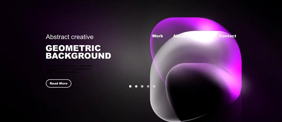 Dark website mockup features vibrant purple shapes, text elements, navigation Иллюстрация