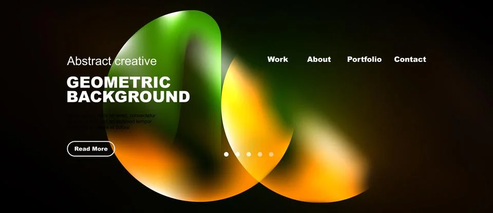 Dark website mockup features vibrant geometric shapes, text elements, navig.. Иллюстрация