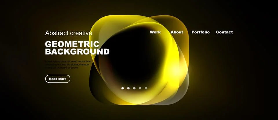 Dark website mockup features yellow abstract shapes, text elements, navigatio Stock Illustration