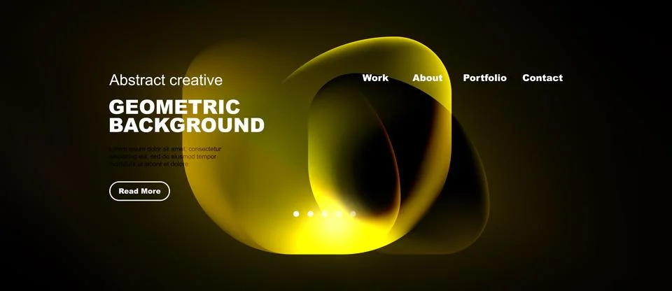 Dark website mockup features yellow abstract shapes, text elements, navigatio Stock Illustration