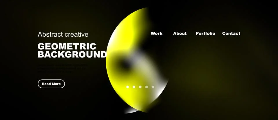 Dark website mockup features yellow geometric shapes, text elements, navigati 库存插图