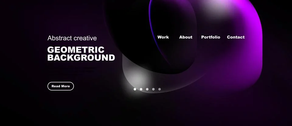 Dark website template features vibrant purple waves, text elements, navigatio Ilustração Stock