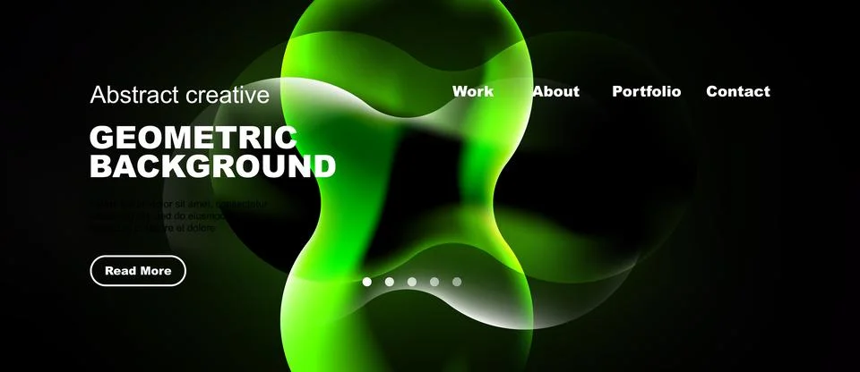 Dark website template features vibrant green abstract shapes. Navigation Stock Illustration