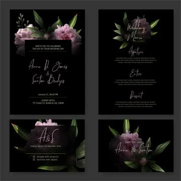 Dark wedding invitation kit, black background Stock Illustration