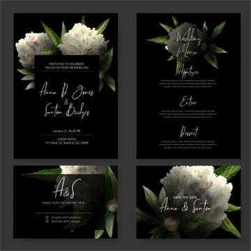 Dark wedding invitation kit, black background Stock Illustration