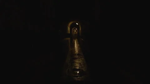 A dark, wet corridor with reflective puddles on the floor Stock Footage 301030161