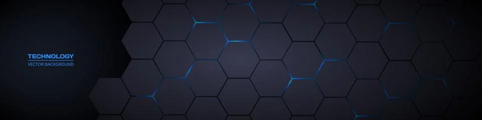 Dark wide hexagonal abstract technology banner Stock Illustration