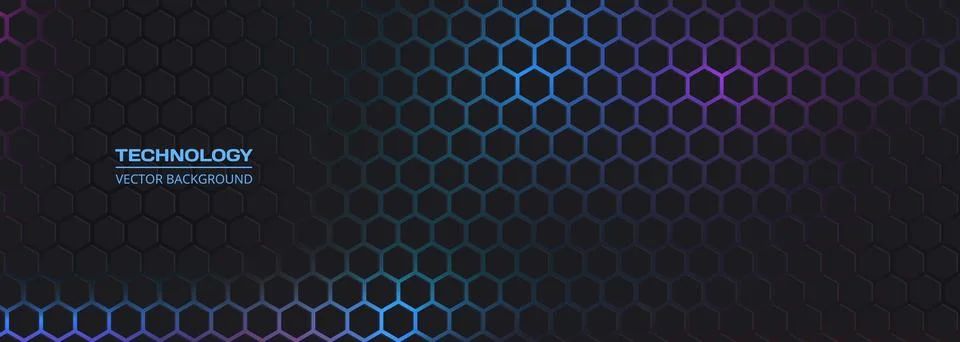 Dark wide hexagonal abstract technology banner Stock Illustration
