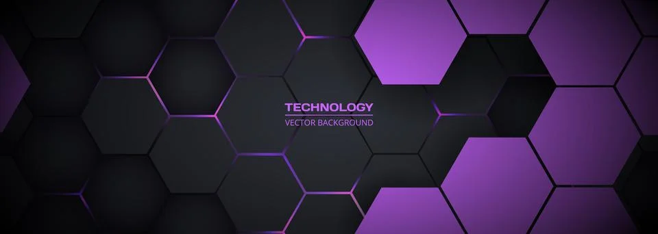 Dark wide hexagonal abstract technology banner Stock Illustration