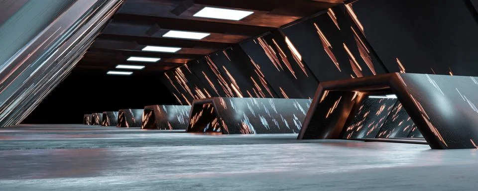 Dark wide sci-fi hangar style industry hall with futuristic design 3d render Stock Illustration