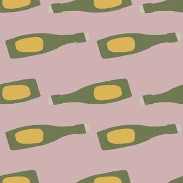 Dark wine seamless doodle pattern. Simple alcohol bottle shapes on light purp Ilustración de archivo