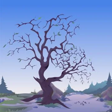 Dark withered tree in twilight. Sketch for greeting card, festive poster or Stock Illustration