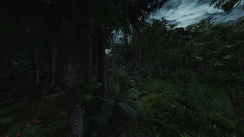 Dark wooded pathway under storm clouds with threatening atmosphere Video stock 334340144