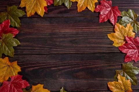 Dark wooden background with maple leaves along the edges. space for notes Stock Photos