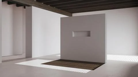 Dark wooden empty room interior design, open space with resin floor, beams .. Stock Illustration