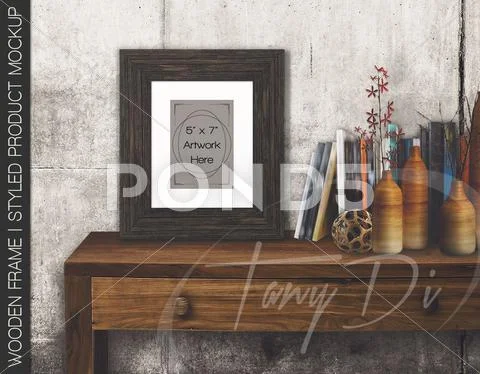 Dark Wooden Frame on Table PSD Template