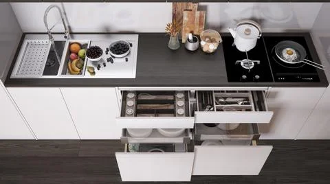 Dark wooden kitchen close up, open drawers with accessories, sink with fruit, Stock Illustration