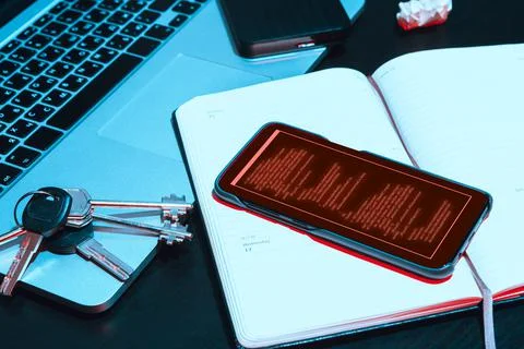 Dark working place of a programmer or hacker with computer Stock Photos