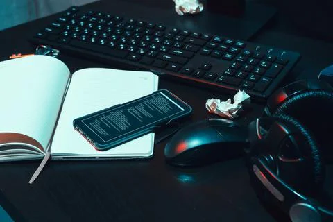 Dark working place of a programmer or hacker with computer Foto stock