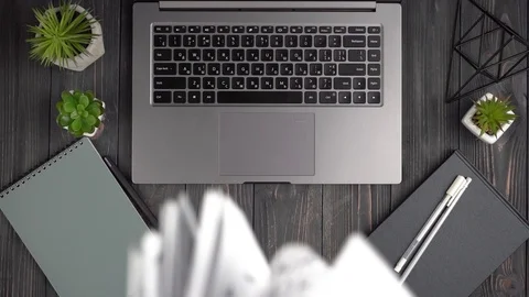 Dark workspace desk with laptop Video stock 112094204