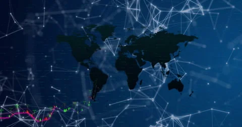 Dark world map silhouette showing glowing nodes, magenta trend line and Stock Footage 307453767