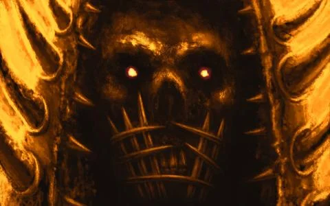 Darkly skull of a demon with a muzzle of metal rods and a helmet with daggers Stock Illustration