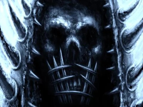 Darkly skull with a muzzle of metal rods and a helmet with daggers.. Stock Illustration