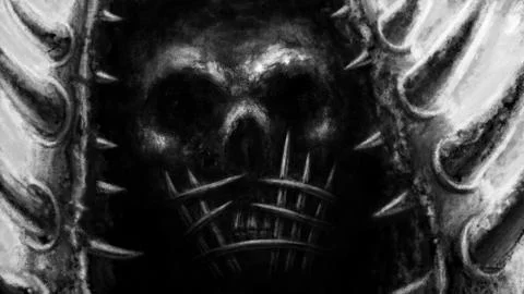 Darkly skull of samurai with muzzle of metal rods and helmet with daggers. Stock Illustration