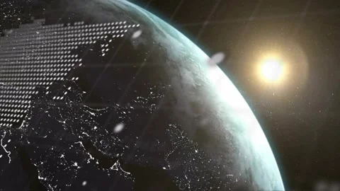 Darkness fading, rotating 3D earth globe showing code flow and lit city lights, 스톡 동영상 327711922