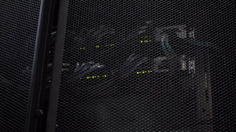Darkness in the server room. Flashing green server lamp LED. Network ethernet 動画素材 107103658